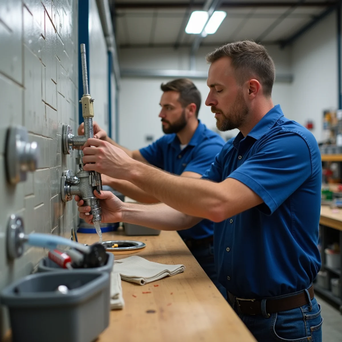 Lewisville Rapid Plumbers certified plumbing technicians in professional uniforms beside service fleet