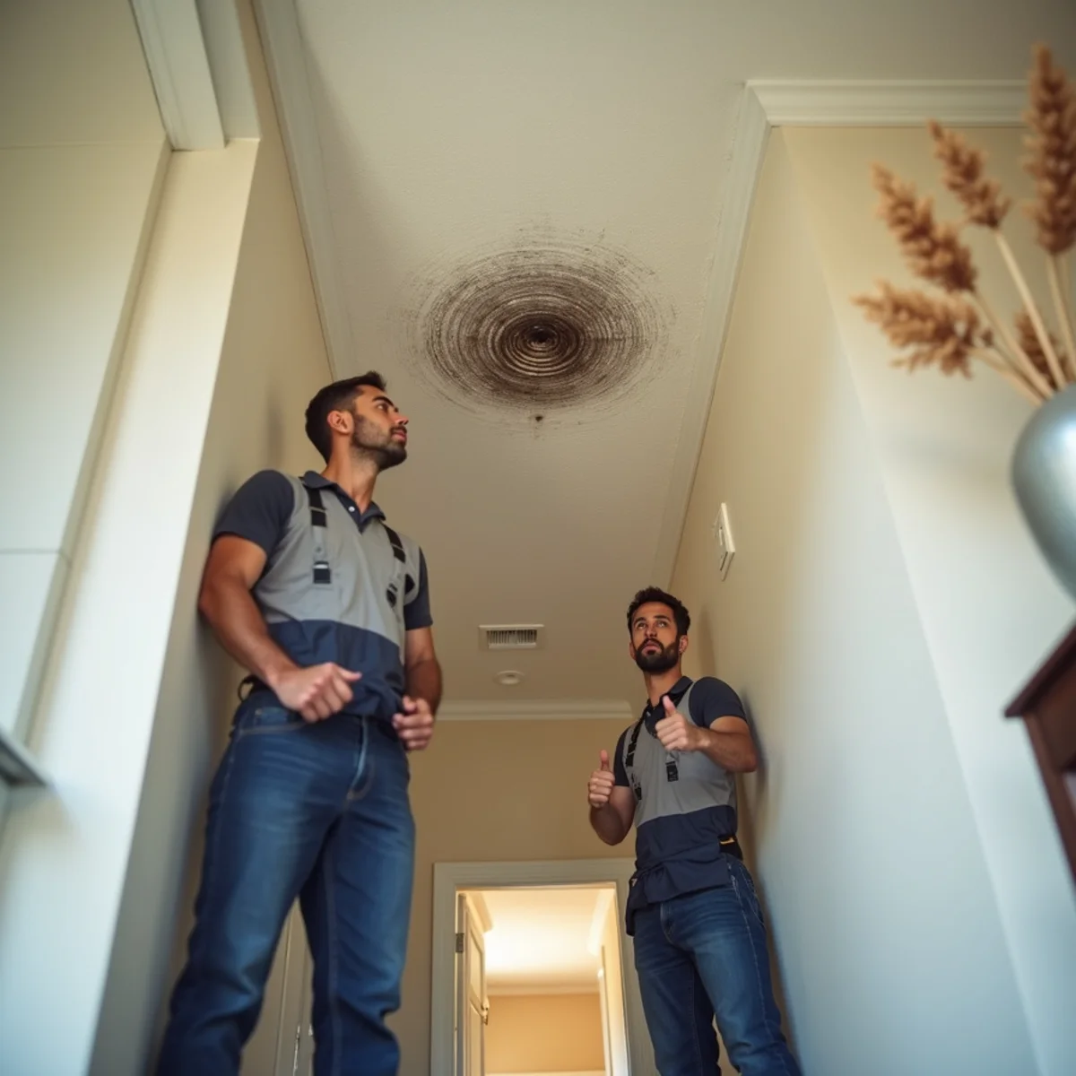 Draining leaking water safely into catch bucket to relieve ceiling weight