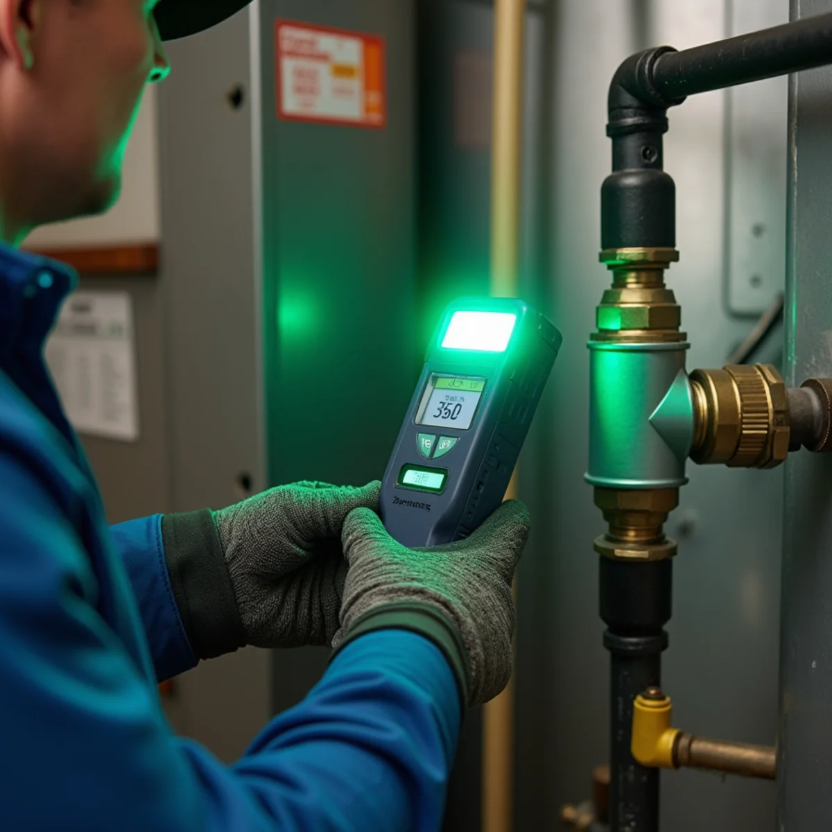 Licensed plumber attaching pressure testing diaphragm gauge to residential gas line