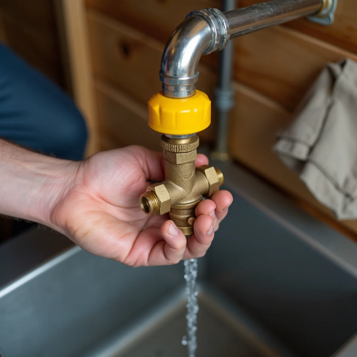 Homeowner turning off the main brass water shut-off ball valve in garage