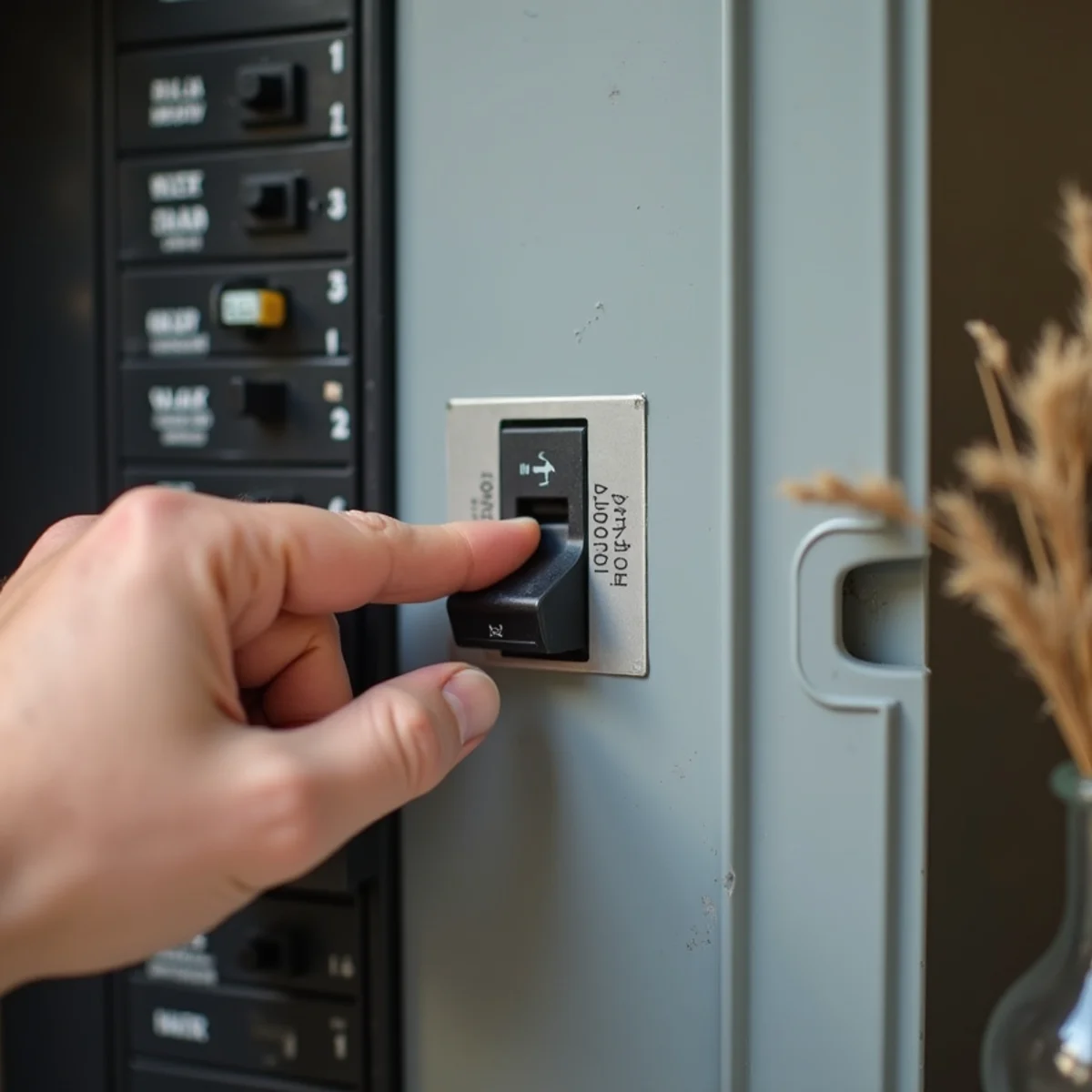 Gloved hand switching off main electrical breaker panel switch during flood