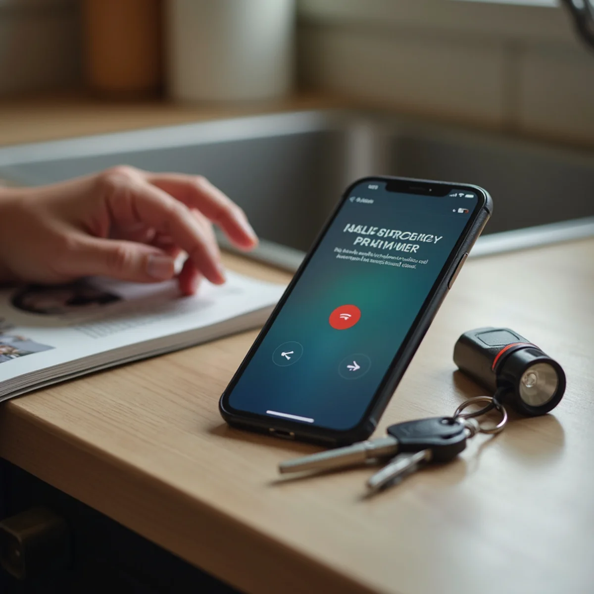 Homeowner calling emergency plumbing dispatch on smartphone beside water towels