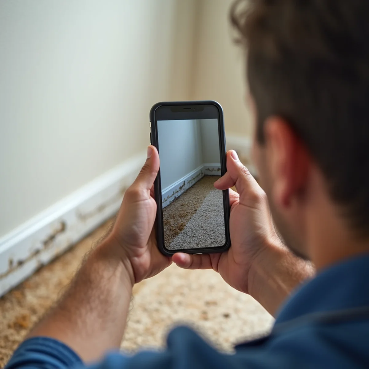 Smartphone capturing high-resolution photos of water staining on drywall and ceiling