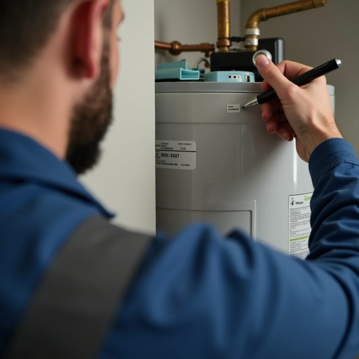 Plumber evaluating water heater age, drain pan, and expansion tank in attic