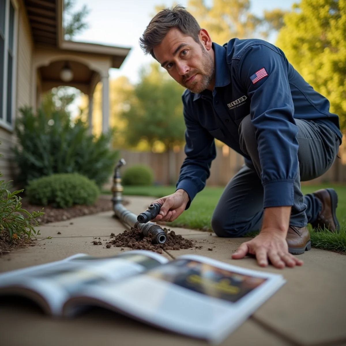 Fiber-optic camera inspection of underground sewer lateral line in yard