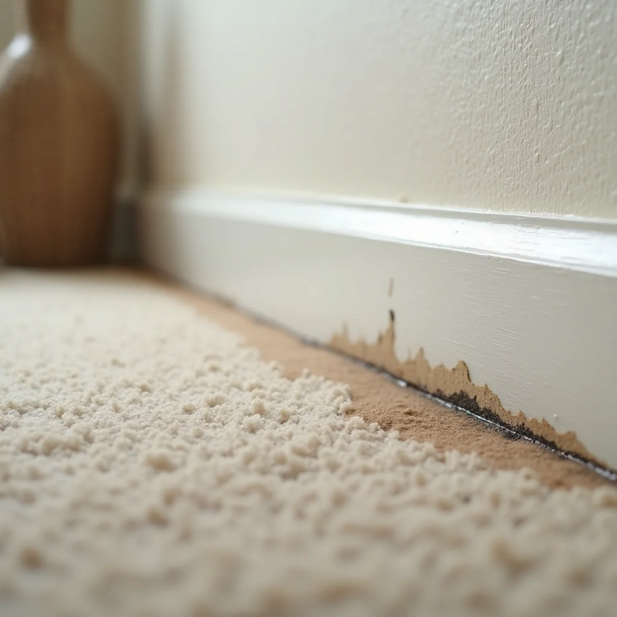 Moisture damaged and swollen wooden baseboard from slab leak