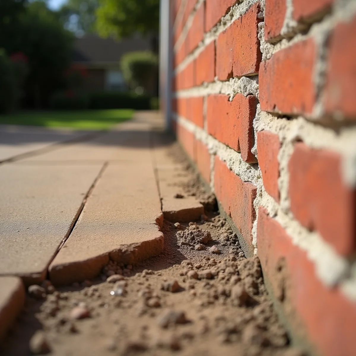 Exterior brick foundation hairline stair-step crack from soil shift