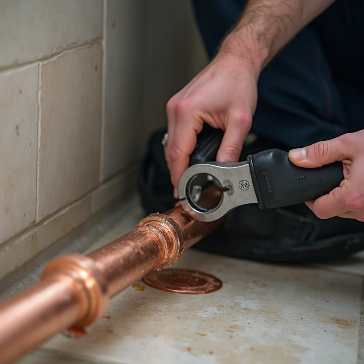 Plumber splicing flexible freeze-proof PEX pipe to replace burst copper line in Lewisville attic
