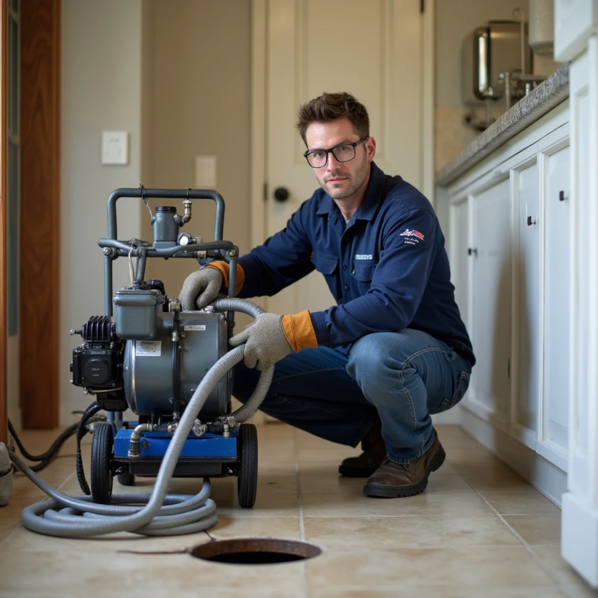 Professional plumber operating a commercial drain cleaning snake and camera in Lewisville TX