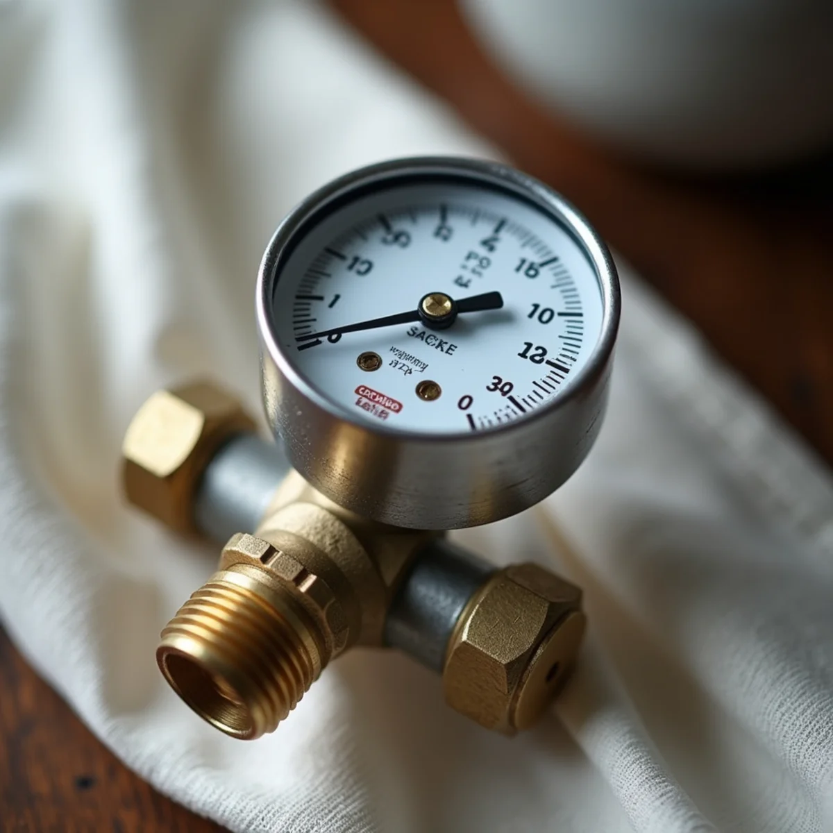 Analog gas pressure diaphragm test gauge mounted to residential gas line manifold holding 3 PSI