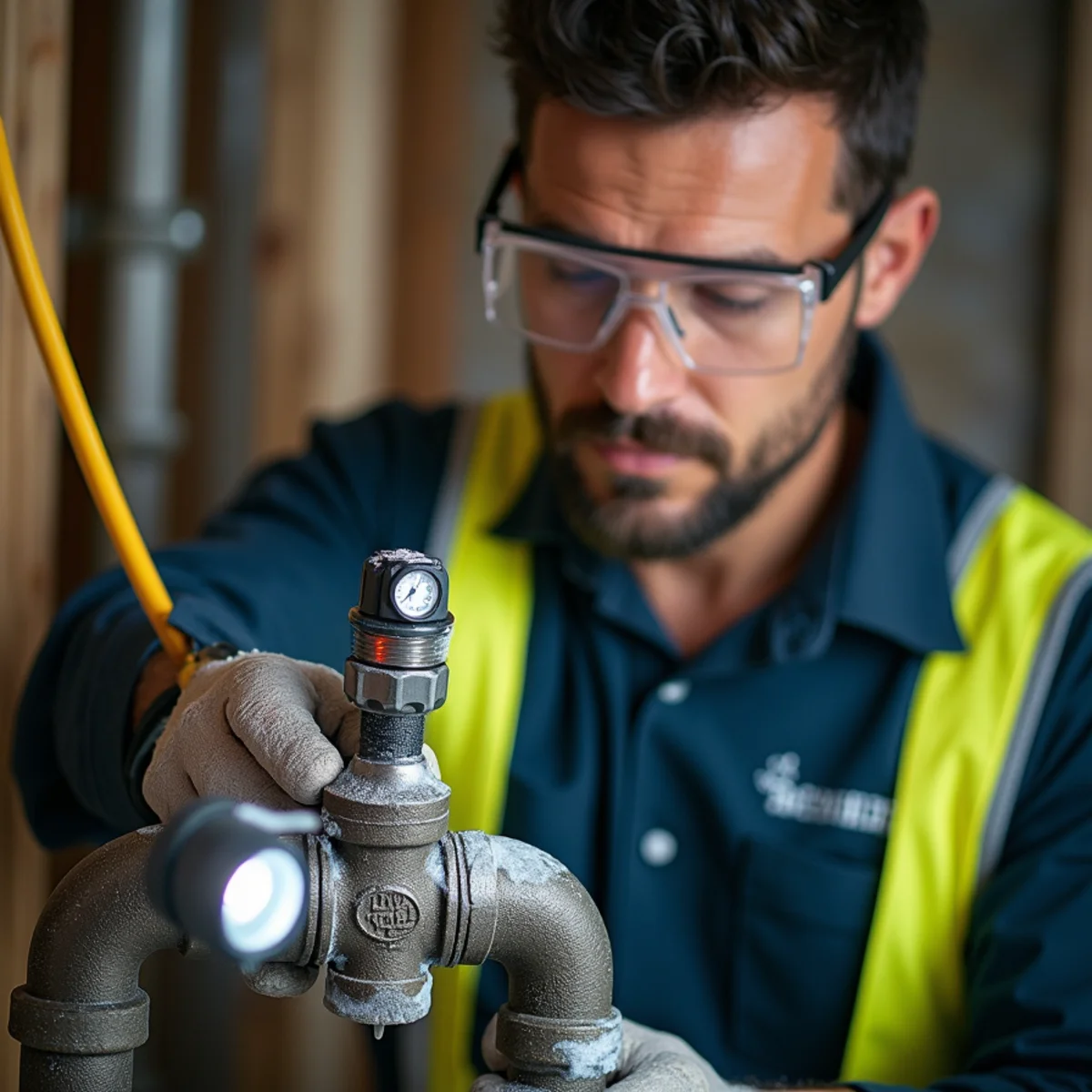 Licensed plumber performing pressure test on natural gas pipe line at meter in Lewisville TX
