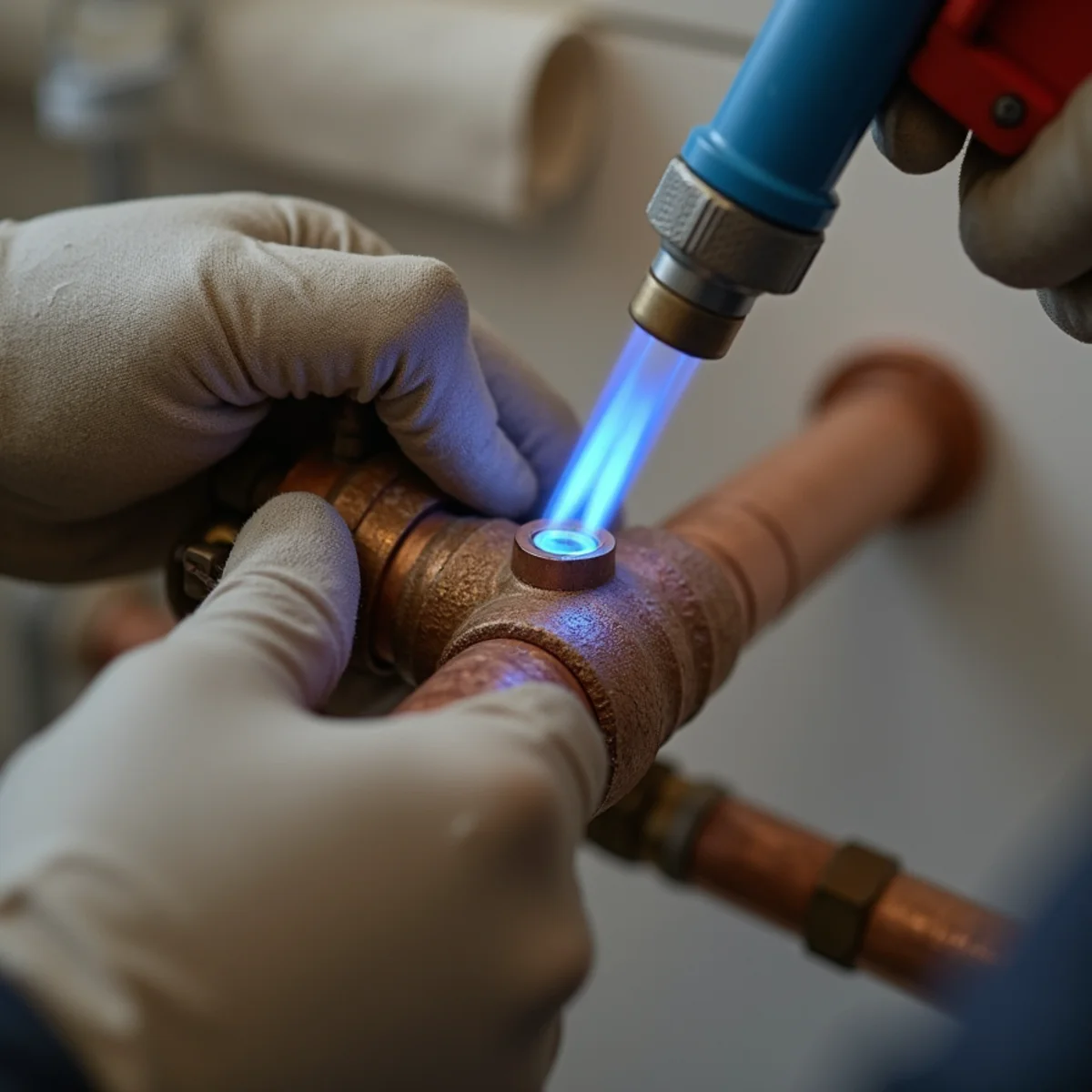 Plumber brazing residential copper water line fitting with torch and heat shield in Lewisville home