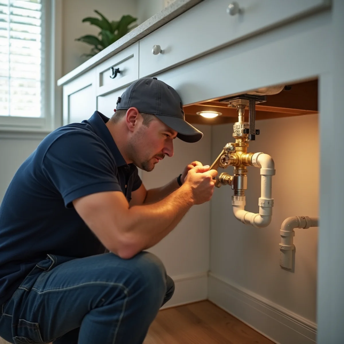 Licensed plumber repairing under-sink copper water pipe and shut-off valve in Lewisville TX home