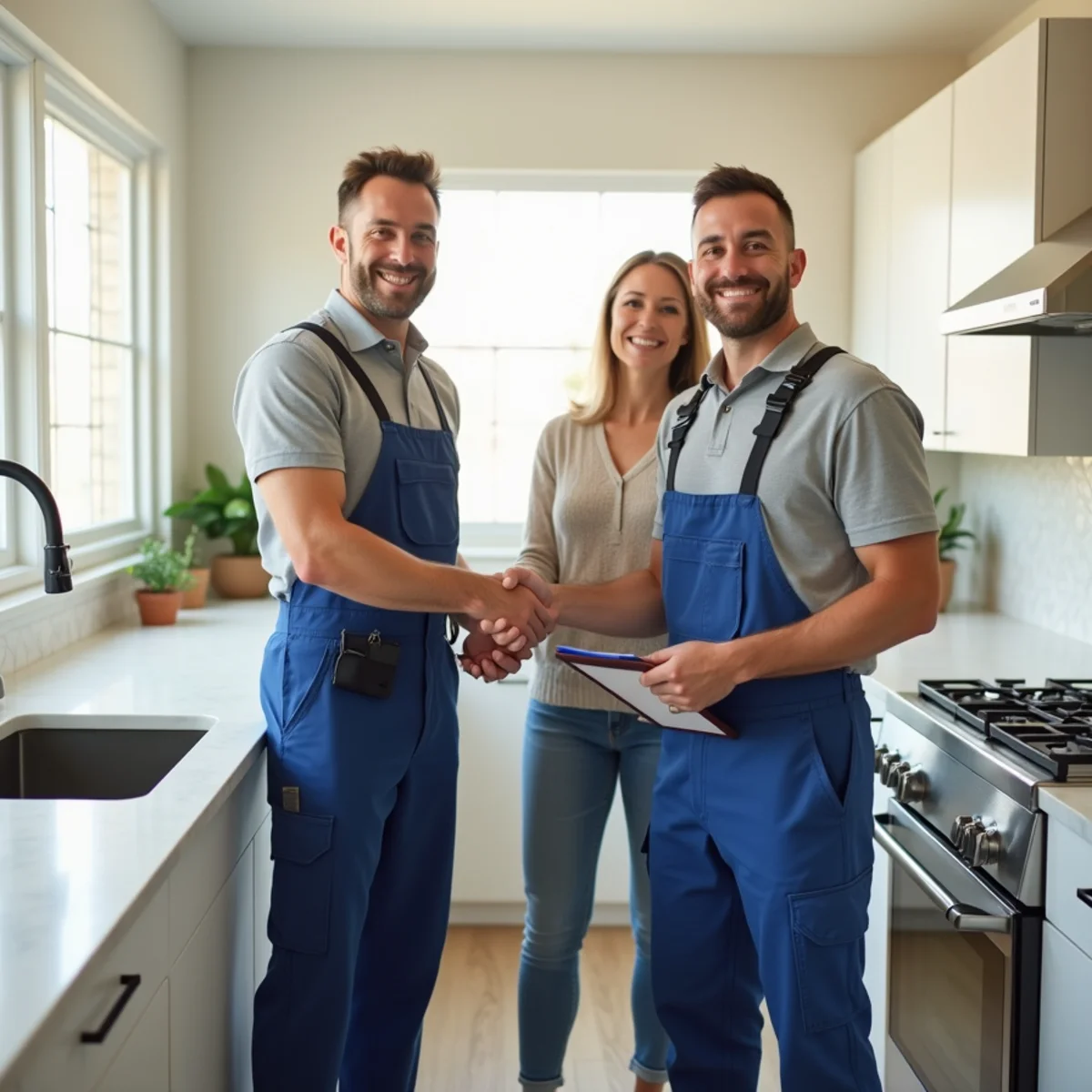 Courteous licensed plumber handing an itemized invoice clipboard to relieved Lewisville homeowner