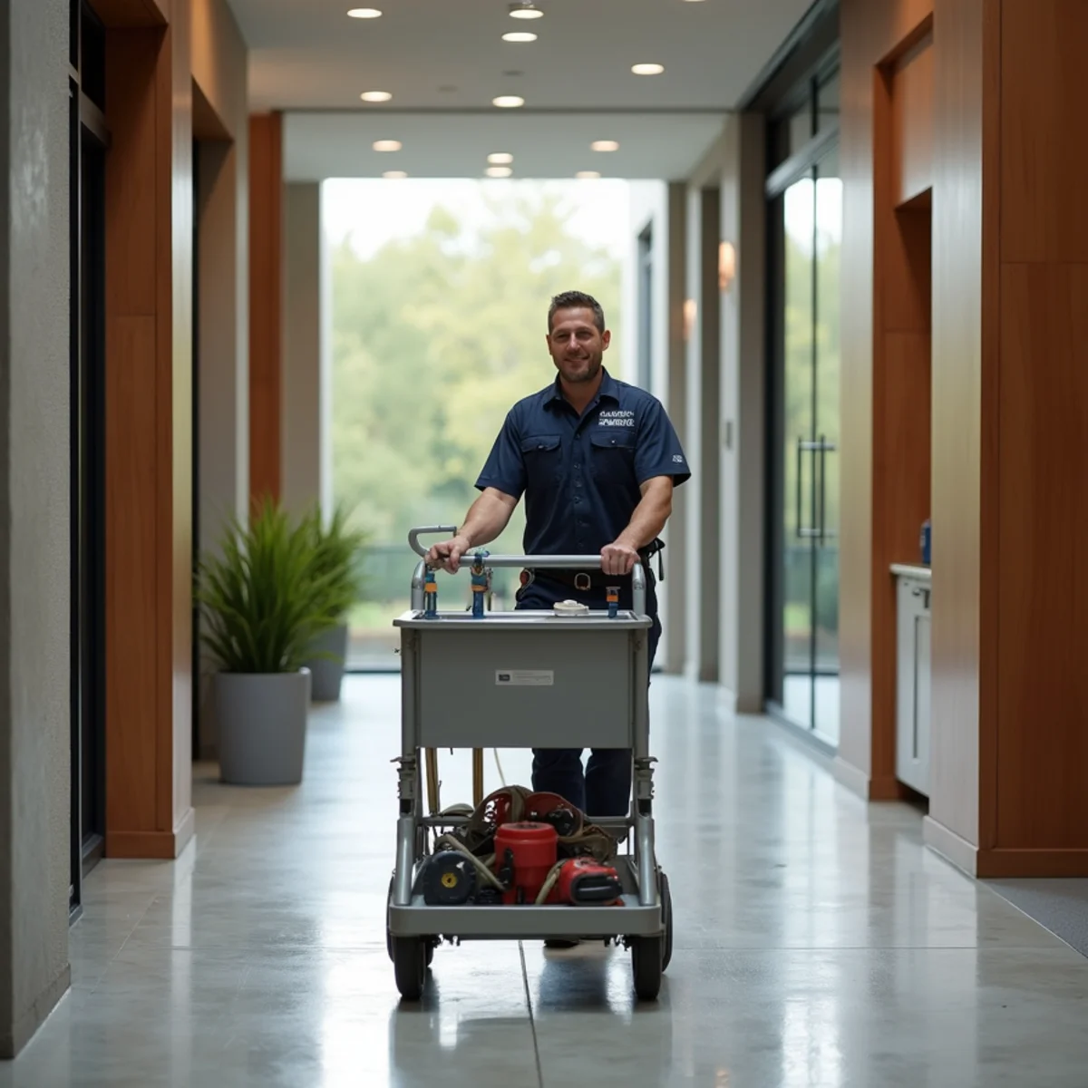 Modern townhomes and tree-lined walkways near Addison Circle Texas with plumbing van