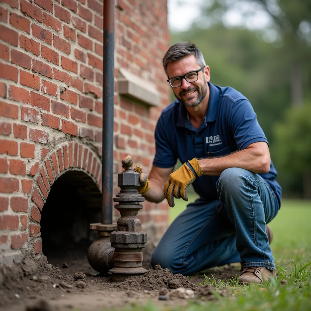 Technician removing exterior sewer cleanout cap for diagnostic testing in Carrollton