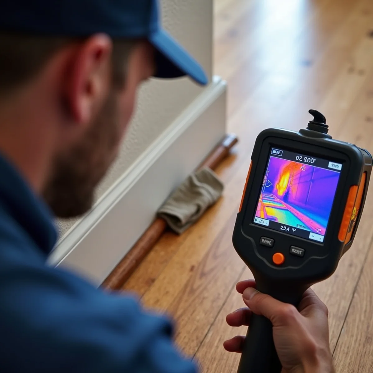 Plumber servicing attic water heater system in a Flower Mound two-story residence