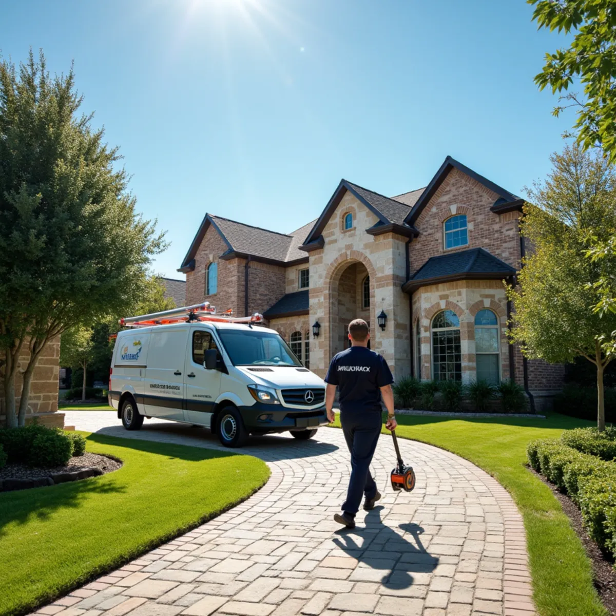 Suburban home in Flower Mound TX near Cross Timbers Rd with service vehicle
