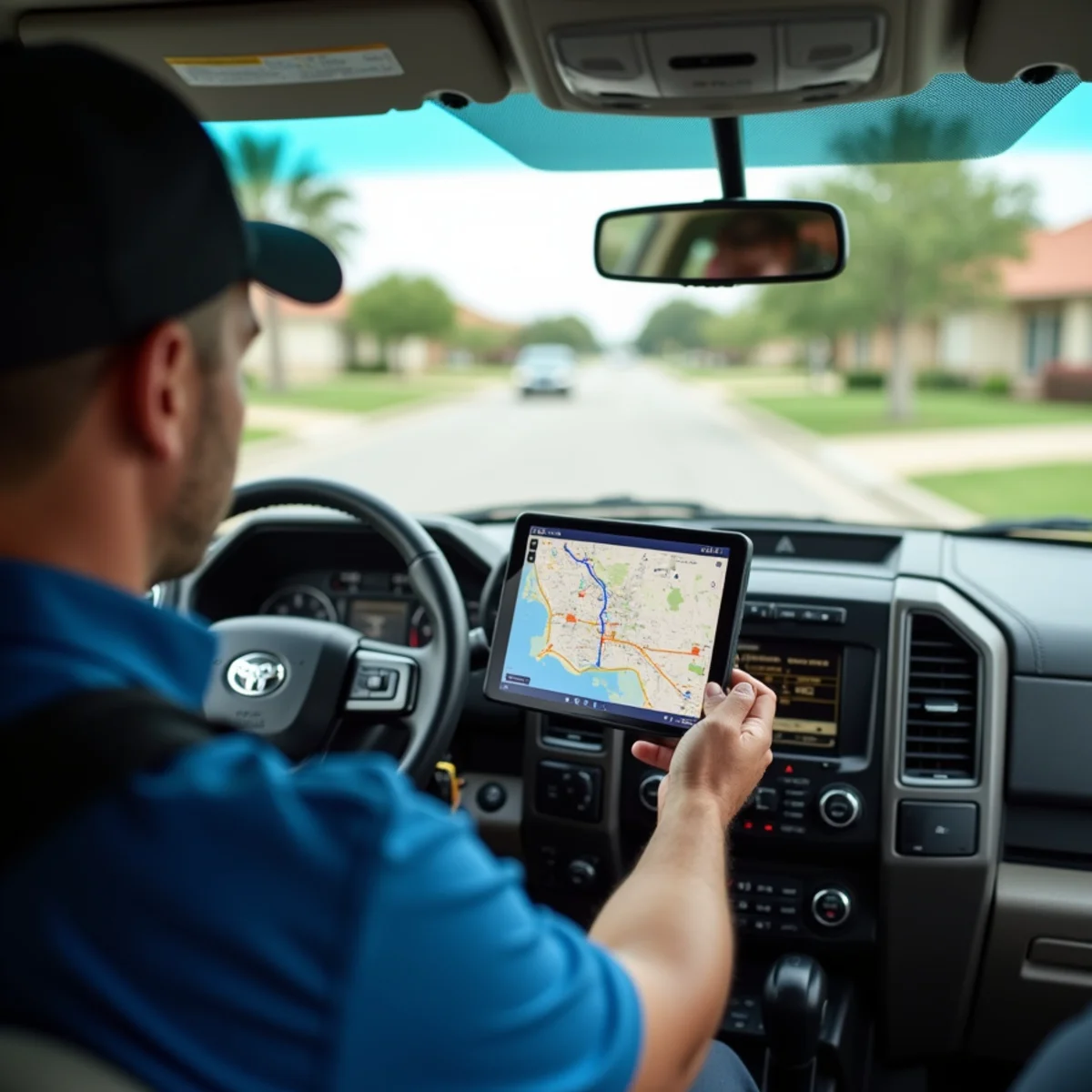 Plumbing technician checking route GPS and dispatch tablet inside service van