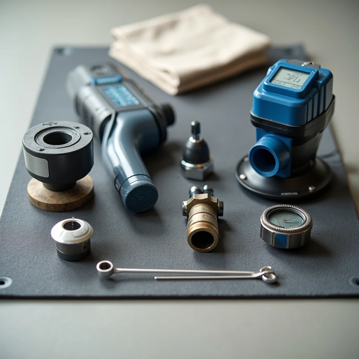 Professional commercial plumbing diagnostic tools, pipe inspection monitor, and wrenches