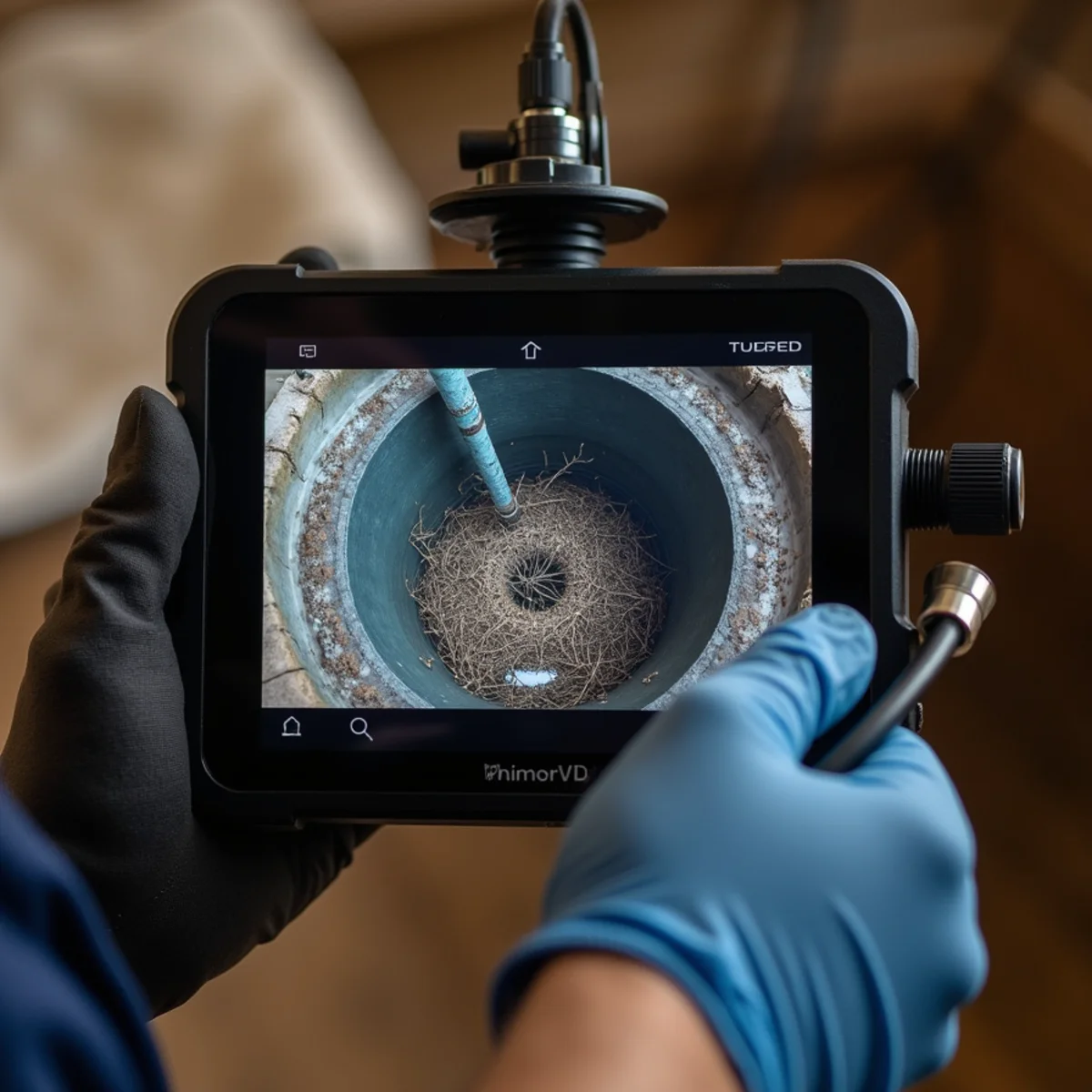 Portable color camera monitor showing root intrusion inside underground sewer pipe