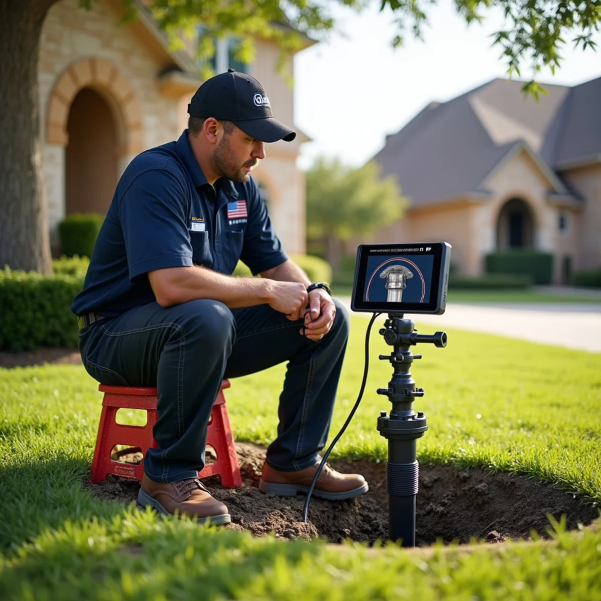 High-definition sewer camera inspection monitor showing underground drain line in Lewisville TX