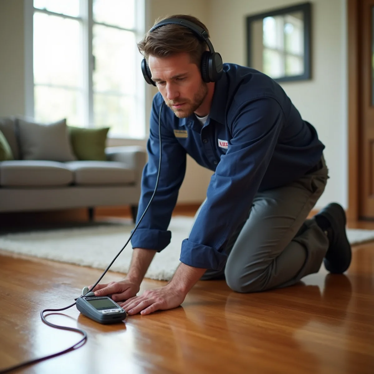 Specialized electronic slab leak detection acoustic listening equipment on tile floor in Lewisville home