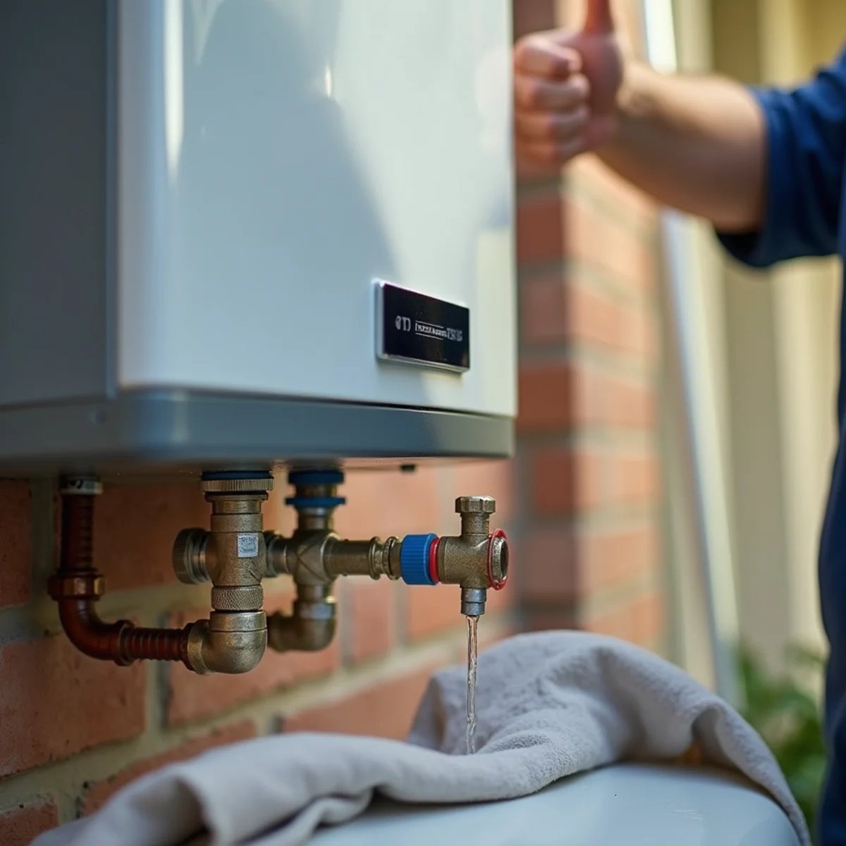 Technician inspecting gas control valve and burner assembly on residential water heater in Lewisville