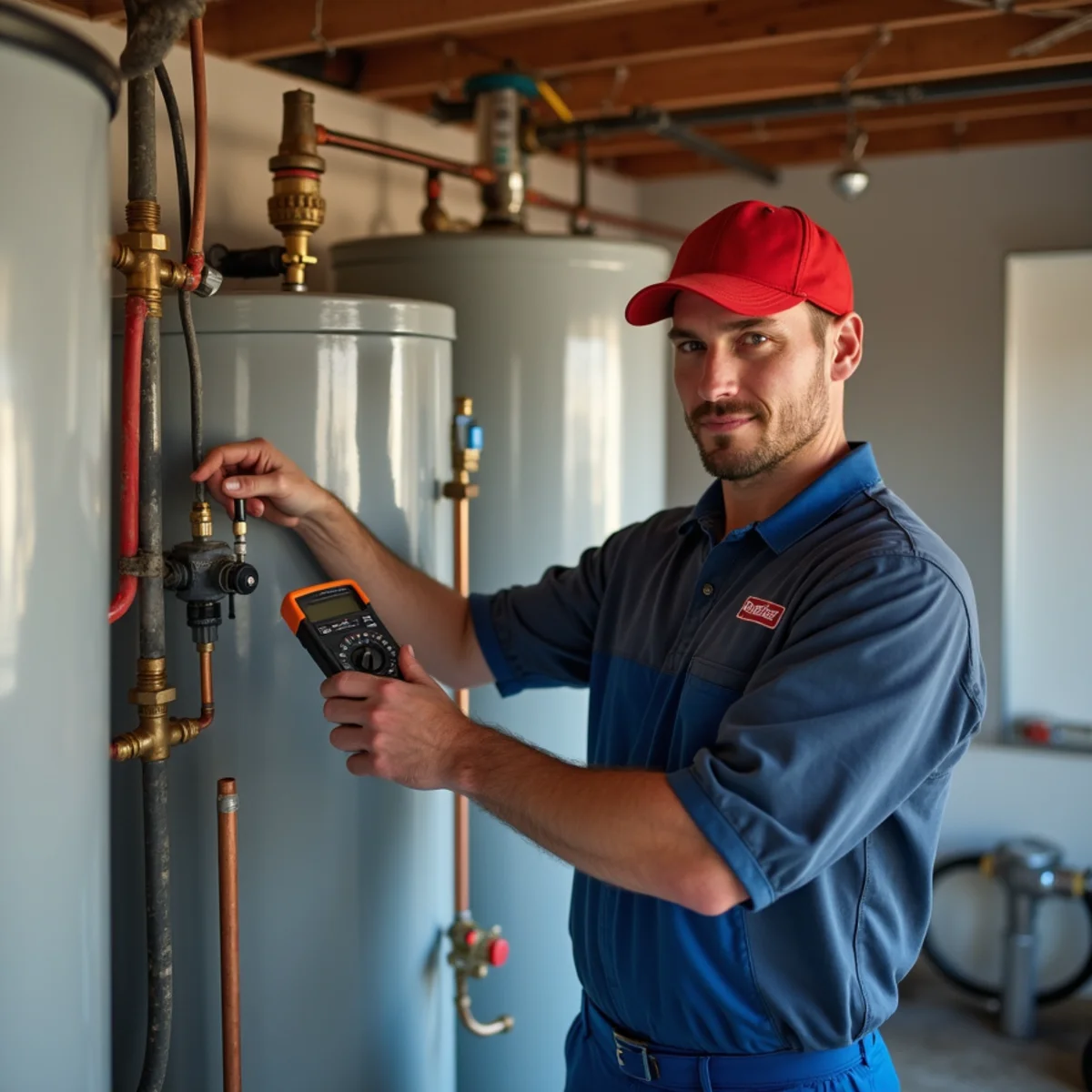 Plumber servicing a gas water heater system and expansion tank in Lewisville TX garage